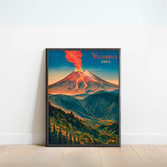 Villarrica Mountain Vintage Travel Poster Print Chile Wall Art Framed Gift Present