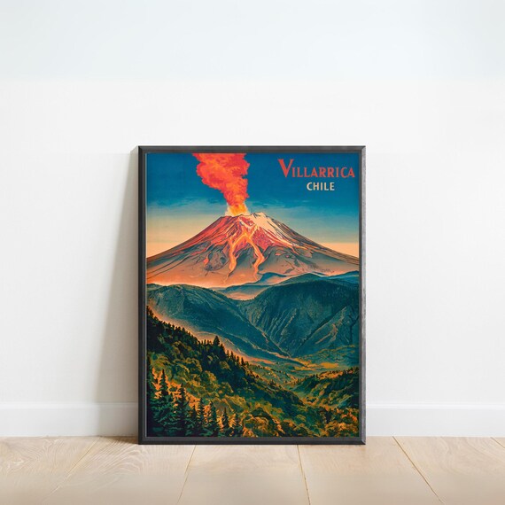 Villarrica Volcano Chile Erupting Lava Vintage Mountain Retro Travel Poster
