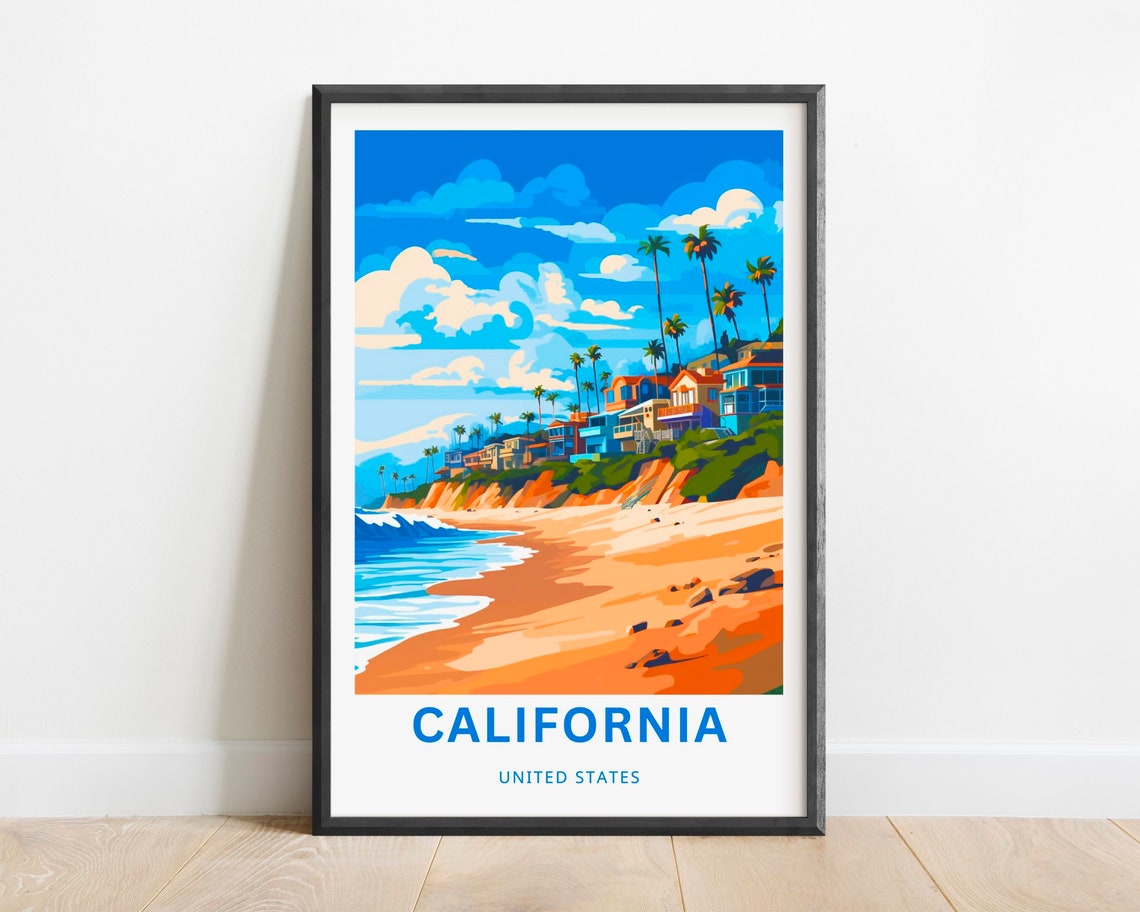 California United States Beach Cliffs Palm Trees Ocean Poster
