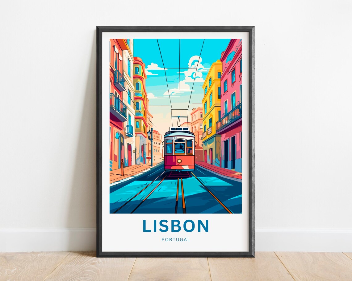 Lisbon Portugal Classic Yellow Tram Street Scene Vintage Travel Poster