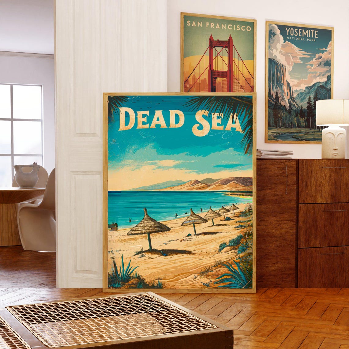 Dead Sea Beach Straw Umbrellas Sandy Shore Retro Sunset Travel Poster - Image 5