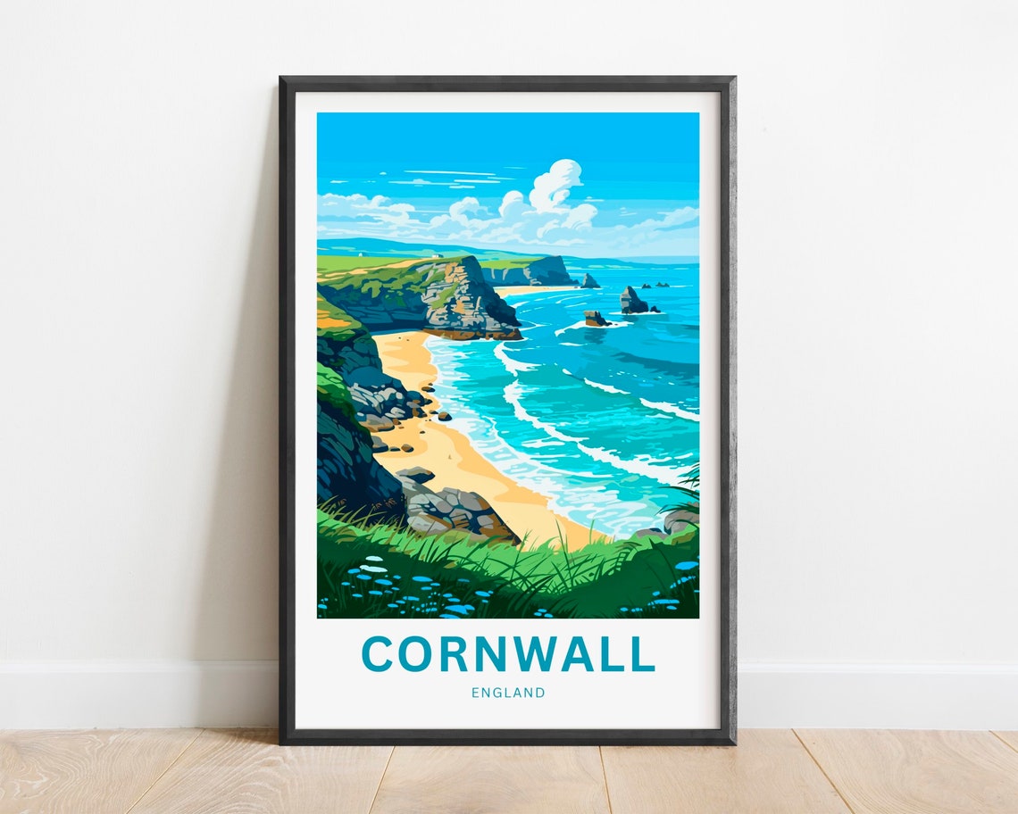 Cornwall England Dramatic Sea Stacks over Golden Beach Poster