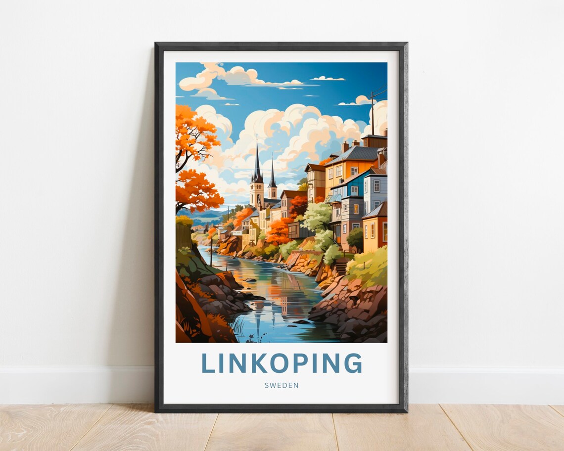 Linkoping Sweden Riverside Old Town Church Autumn Travel Poster