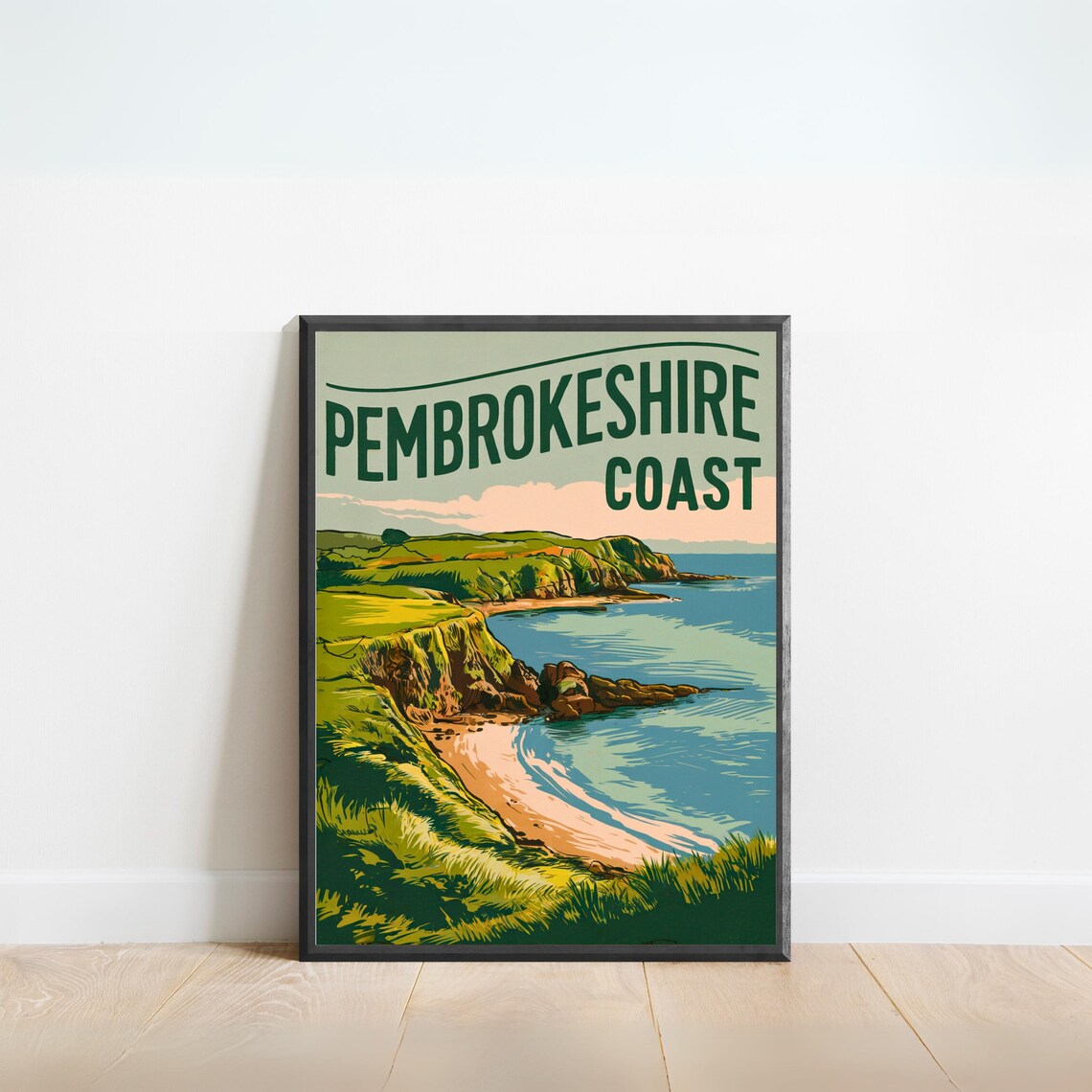 Pembrokeshire Coast Wales Green Cliffs Beach Vintage Travel Poster