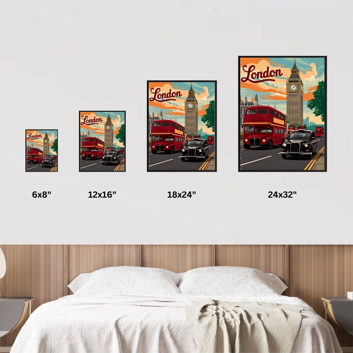 London England Vintage Retro Big Ben Red Bus and Black Cab Poster - Image 4