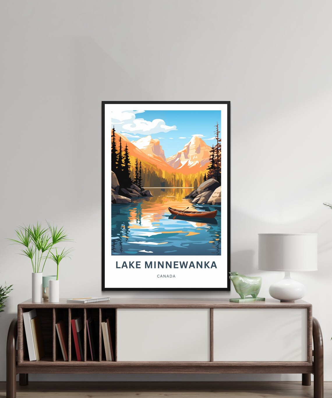 Lake Minnewanka Canada Canoe Turquoise Water Mountain Poster - Image 2