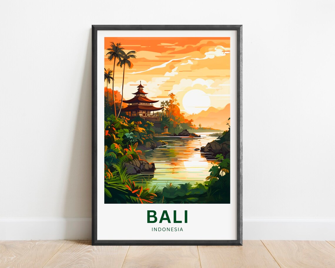 Bali Indonesia Sunset Temple Palm River Landscape Travel Poster