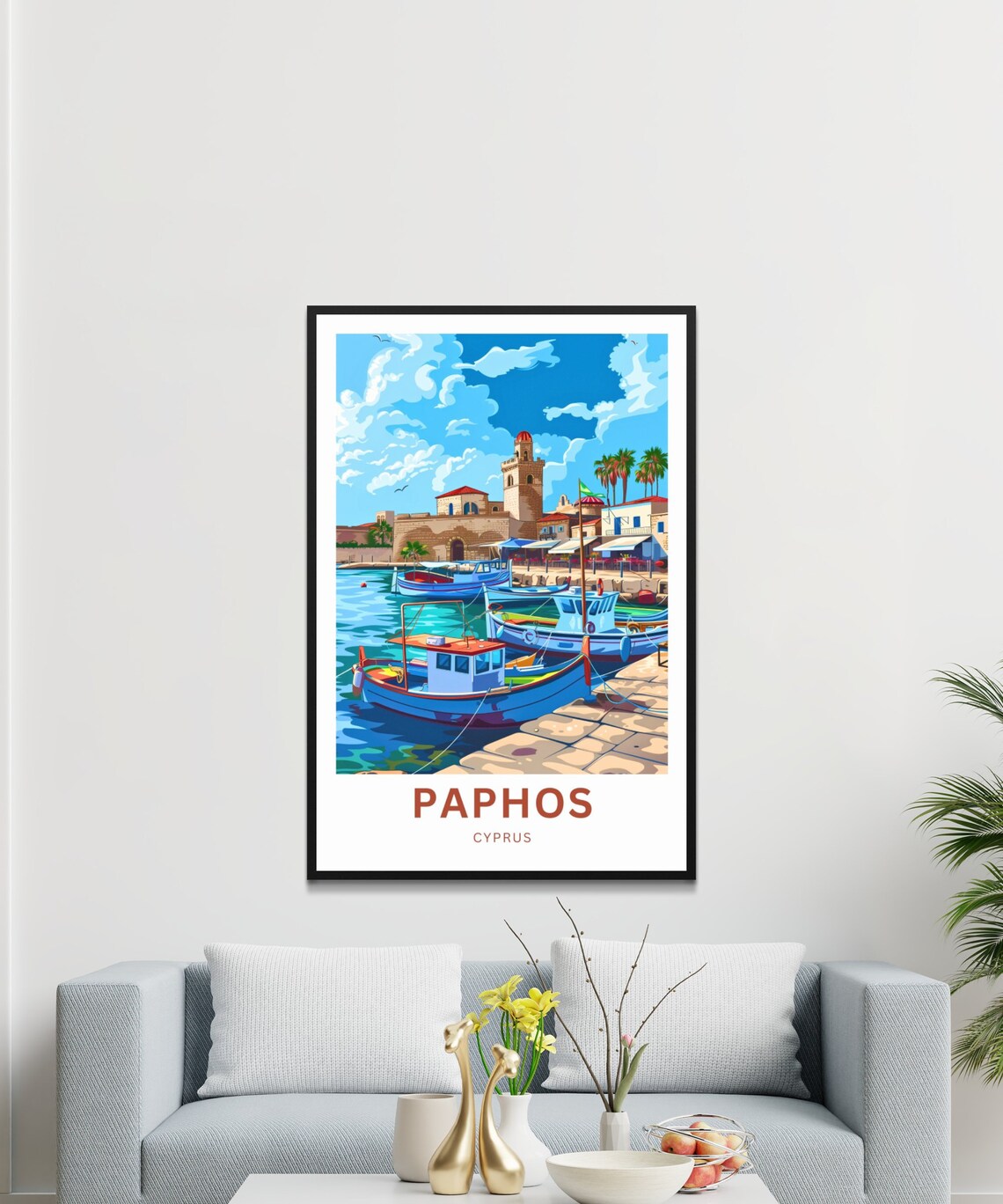 Paphos Cyprus Sunny Old Harbor Fishing Boats Travel Art Poster - Image 4