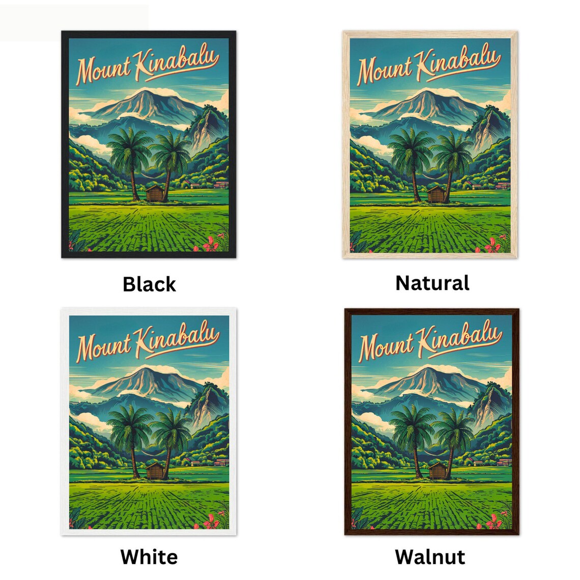 Mount Kinabalu Malaysia Palm Groves Rice Field Travel Poster - Image 4