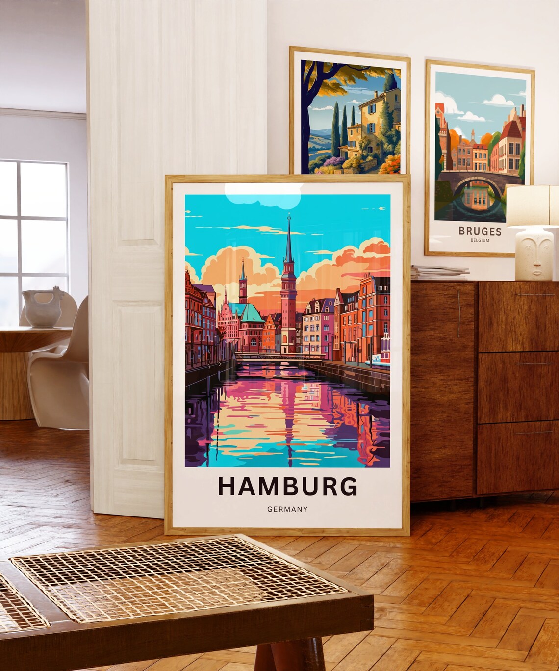 Hamburg Germany Sophisticated Canal Sunset Church Views Poster - Image 5