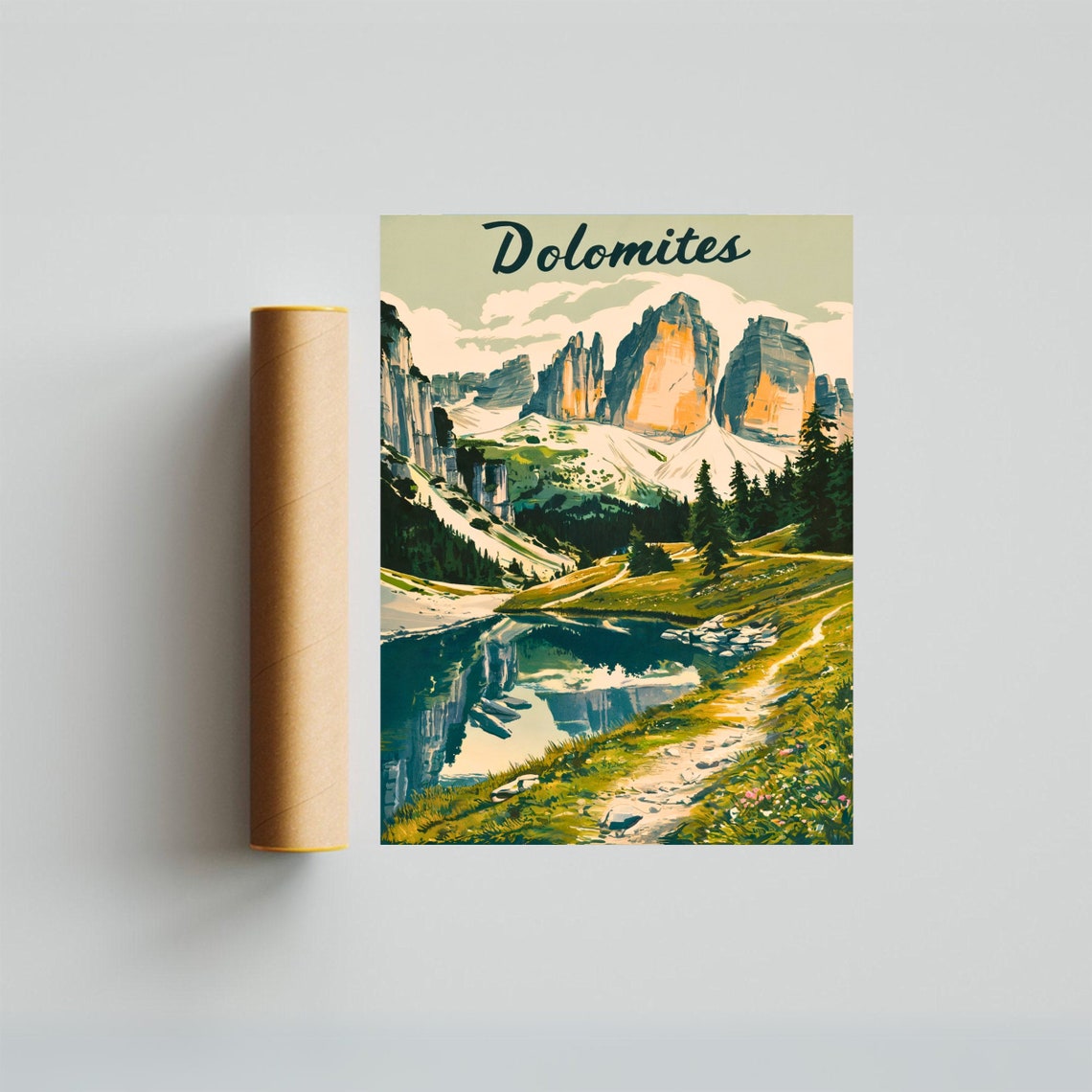 Dolomites Vintage Style Retro Mountain Lake Reflection Poster - Image 4