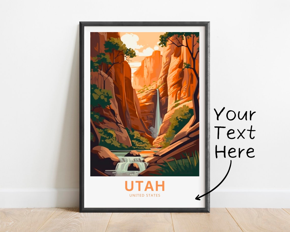 Utah Personalized Travel Poster Canyon Waterfall Custom Text Art