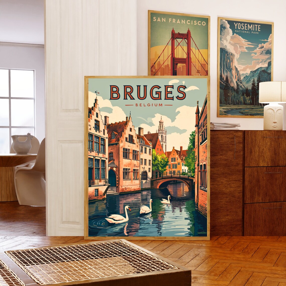 Bruges Belgium Canal Swans Historic Bridge Vintage Travel Poster - Image 5