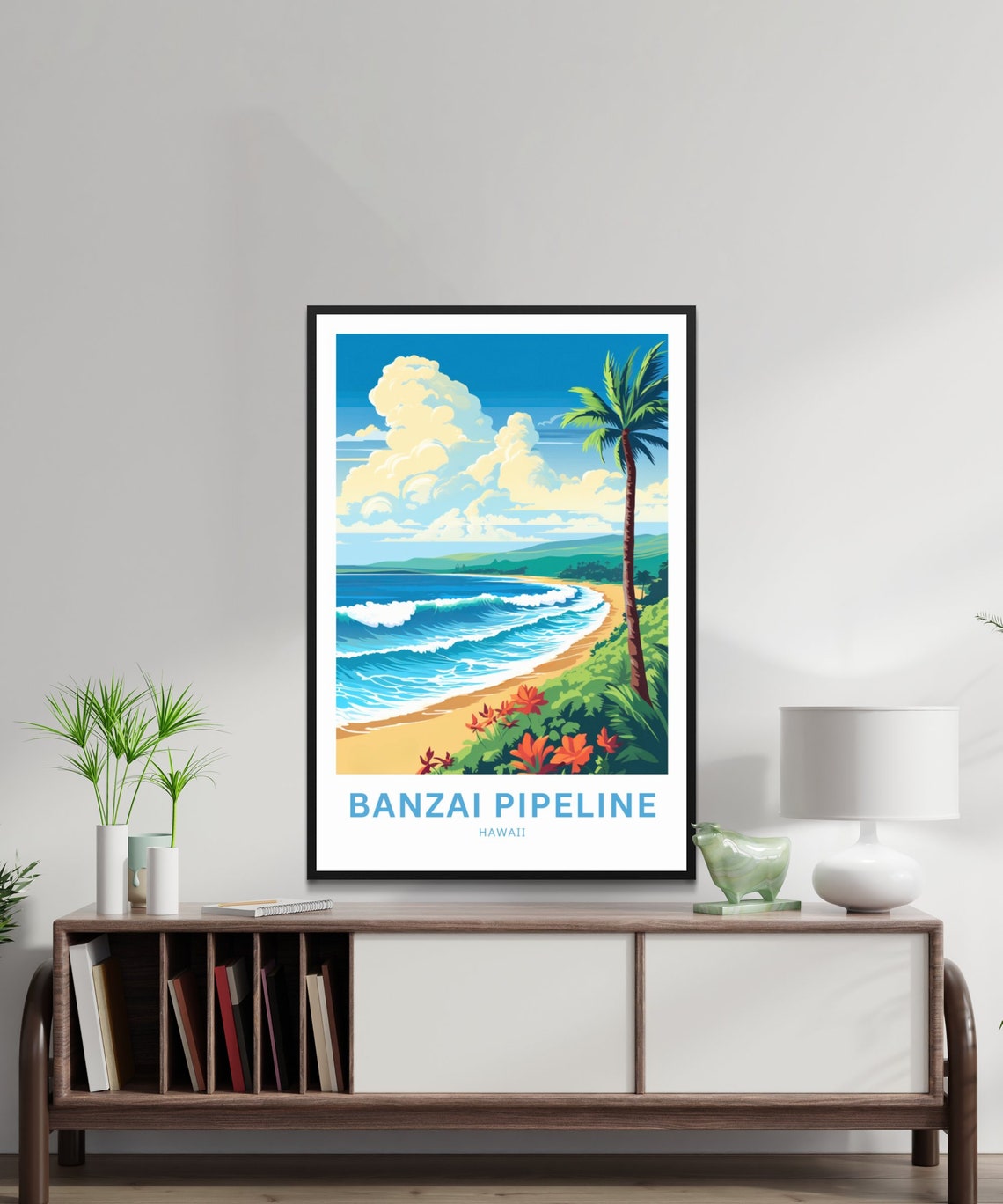 Banzai Pipeline Hawaii Beach with Palm Tree and Waves Poster - Image 2