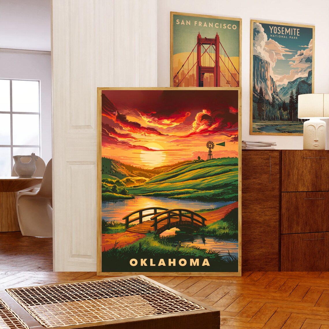 Oklahoma Vintage Sunset Windmill Rolling Hills Travel Poster - Image 5