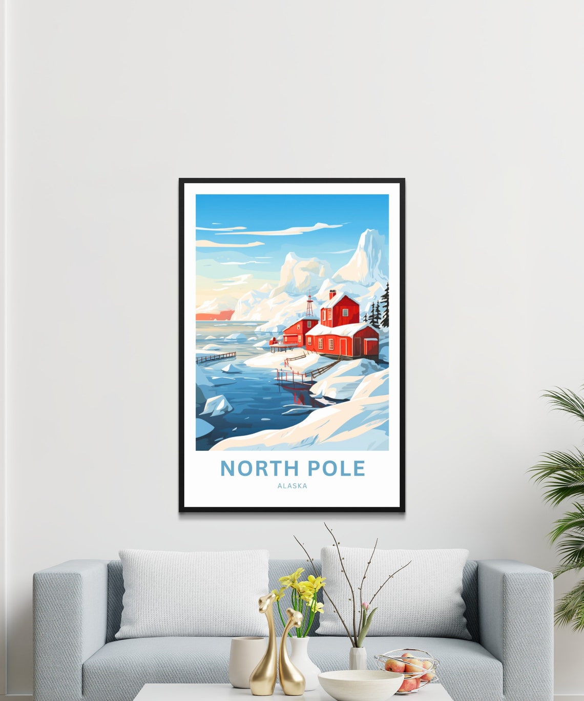 North Pole Alaska Custom Text Red Cabins Icy Harbor Travel Poster - Image 3