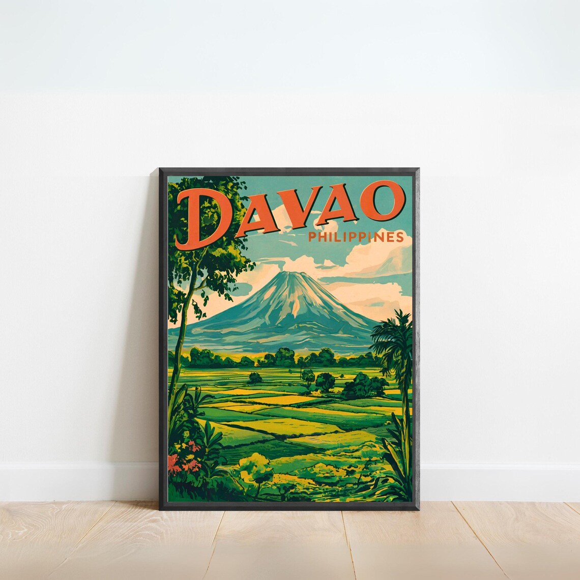 Davao Philippines Vintage Volcano Rice Field Classic Travel Poster