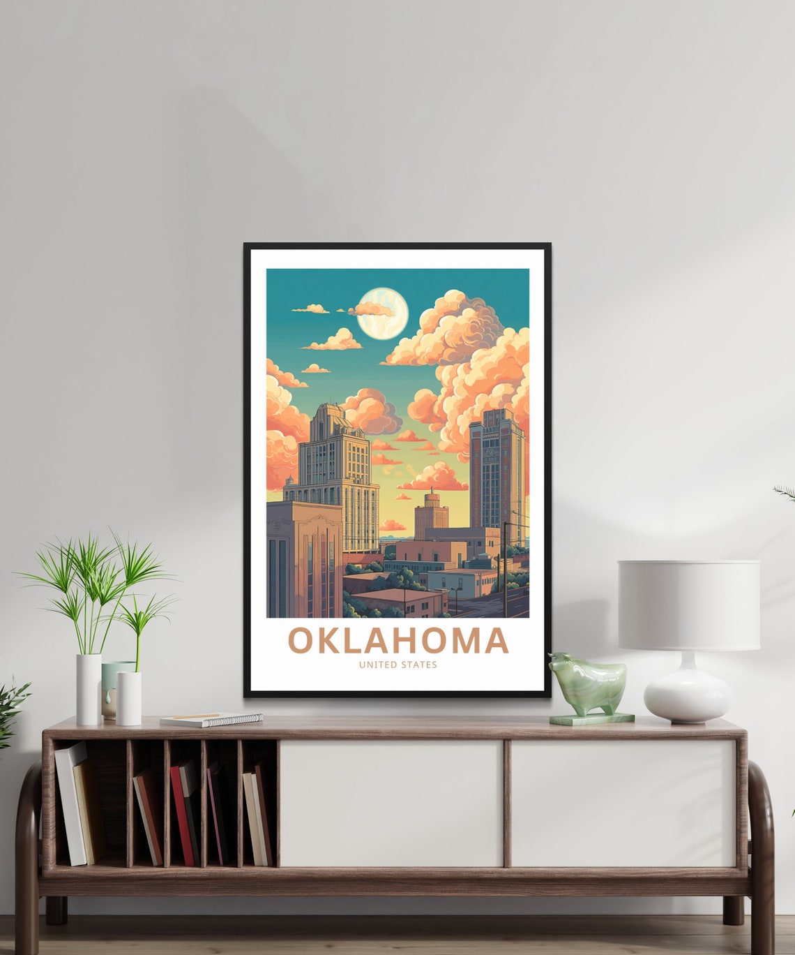 Oklahoma Skyline Under Full Moon Sunset Vintage Travel Poster - Image 2