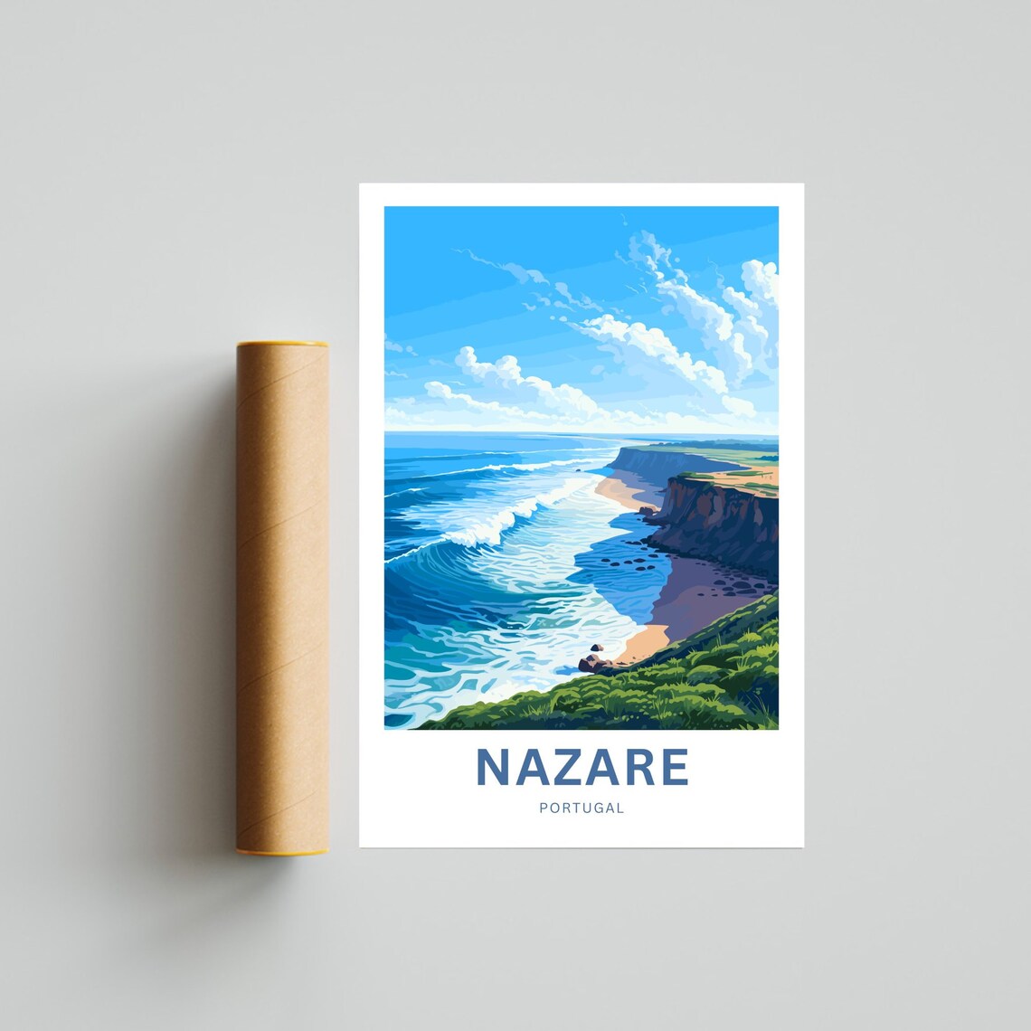 Nazare Portugal Giant Waves Green Cliff Shoreline Scene Poster - Image 4