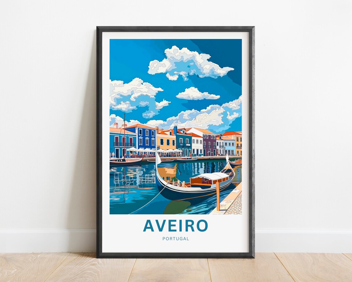 Aveiro Portugal Bright Canal Scene with Boat and Blue Sky Poster