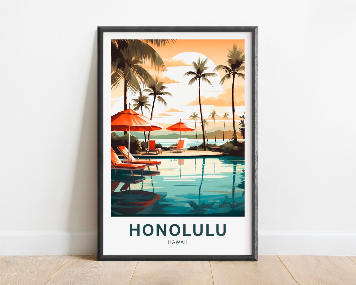 Honolulu Hawaii Resort Pool Sunset Palm Trees Tropical Poster