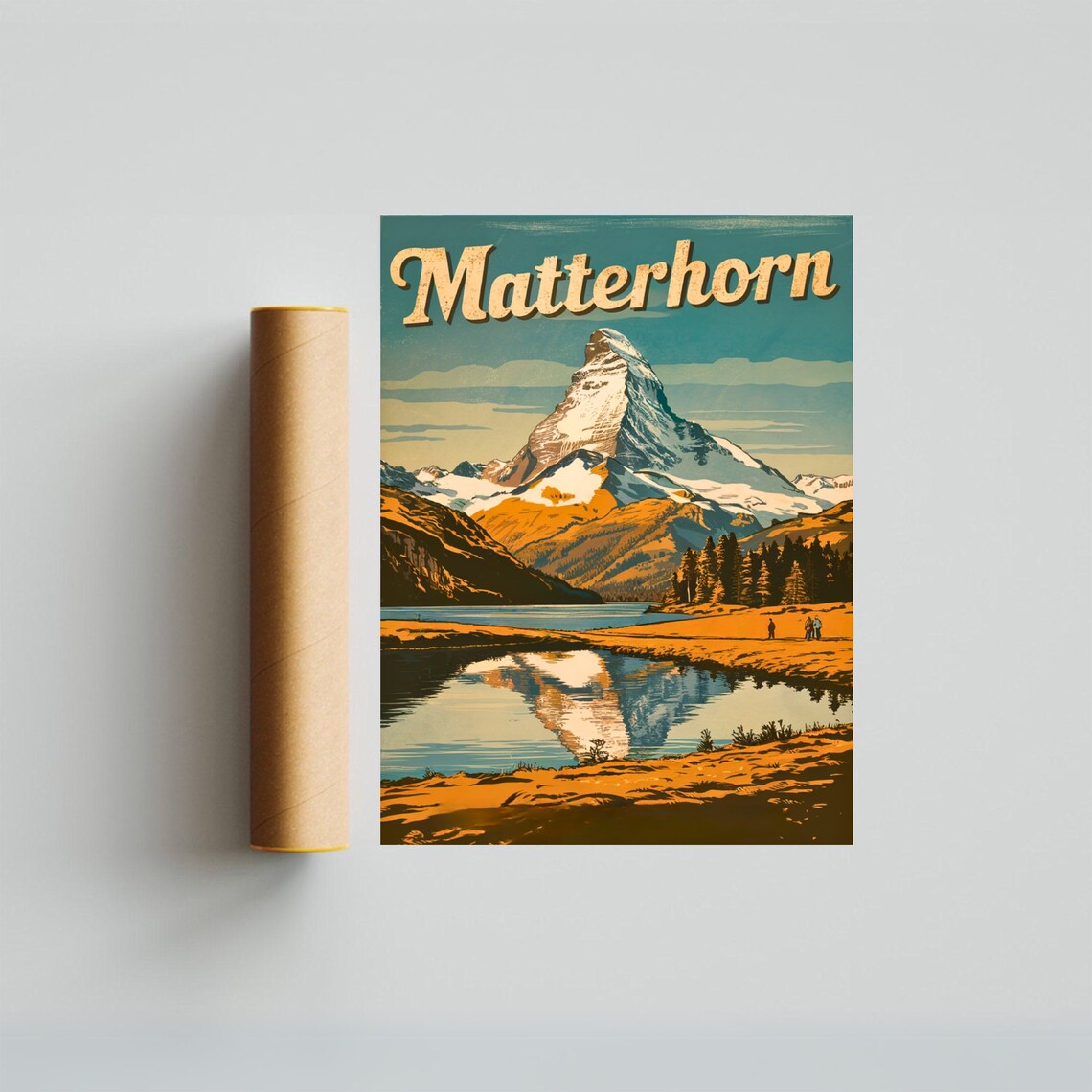 Matterhorn Hikers Golden Shoreline Lake Mirror Sunset Vintage Poster - Image 3