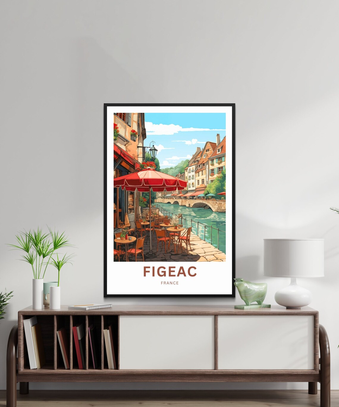 Figeac France Riverside Cafe Red Umbrellas Terrace Vintage Poster - Image 2