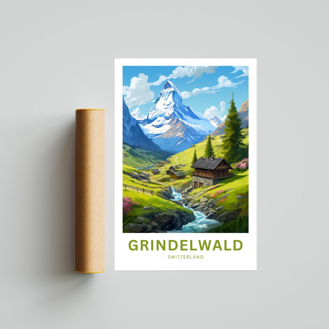 Grindelwald Switzerland Matterhorn Style Peak and Chalet Travel Poster - Image 4