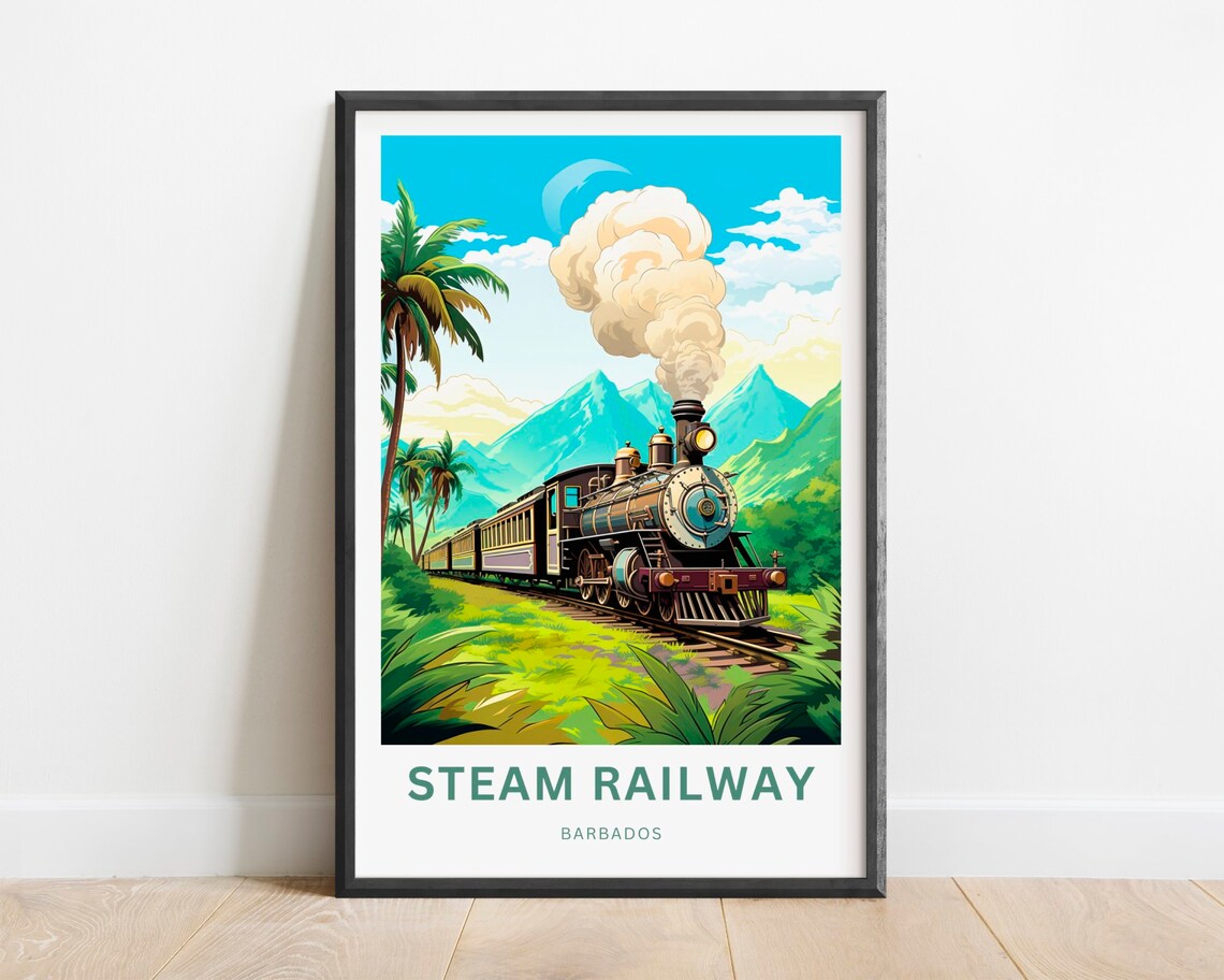 Barbados Steam Railway Vintage Train Tropical Island Travel Poster