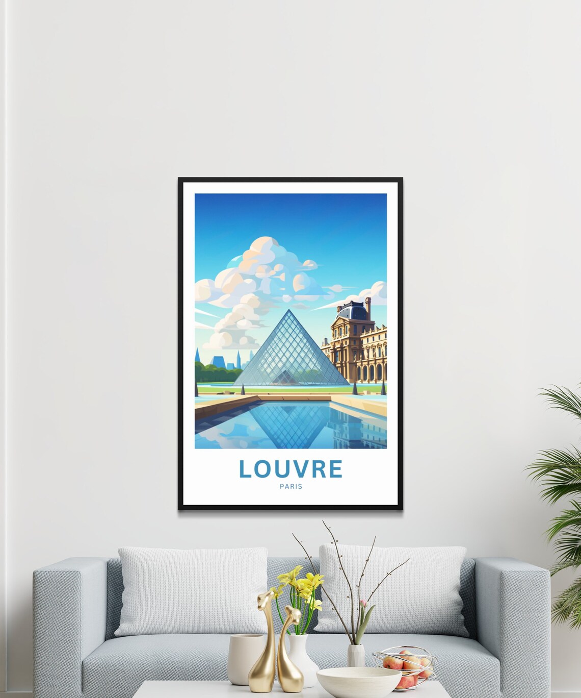 Louvre Paris Pyramid Reflecting Pool Blue Sky Vintage Travel Poster - Image 3