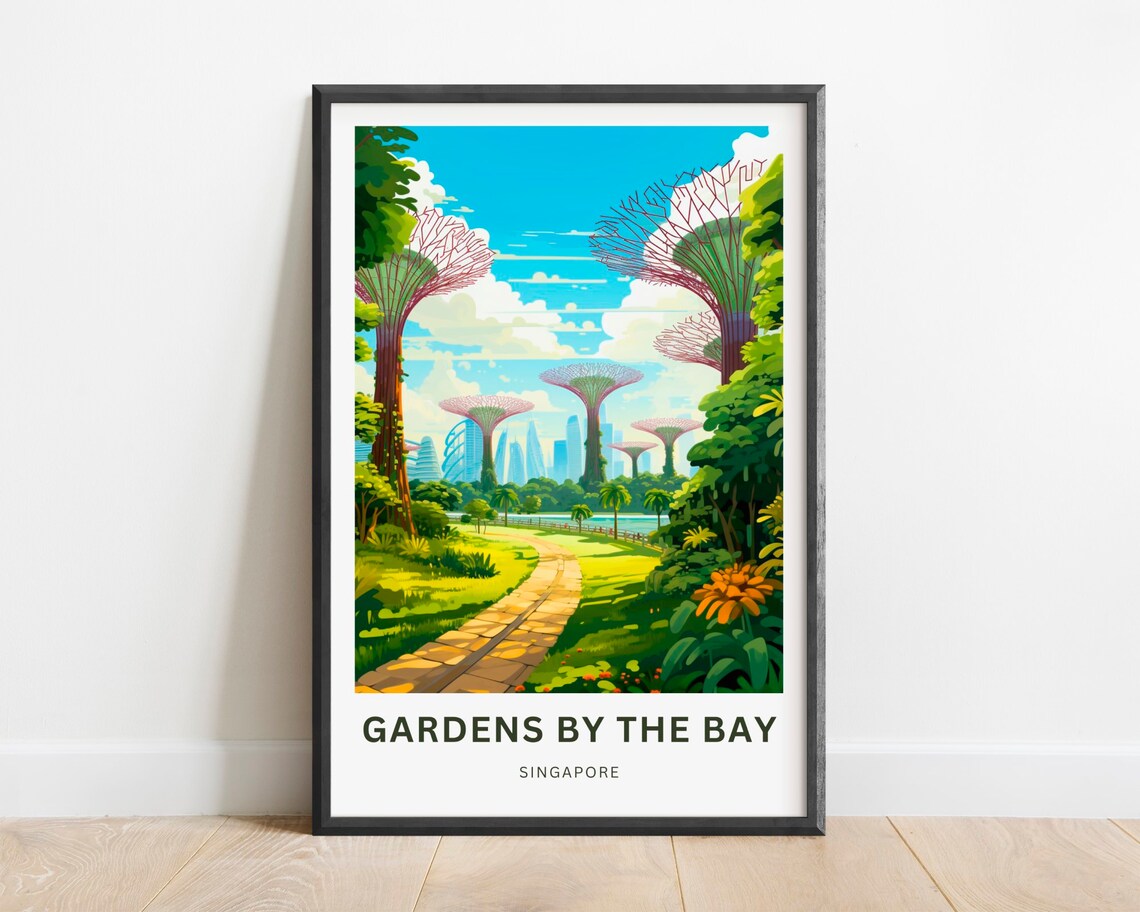 Gardens by the Bay Singapore Garden Path Skyline Vintage Travel Poster