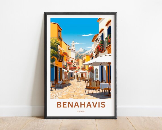 Benahavis Spain Mediterranean Street Flower Balconies Cafe Travel Poster Art