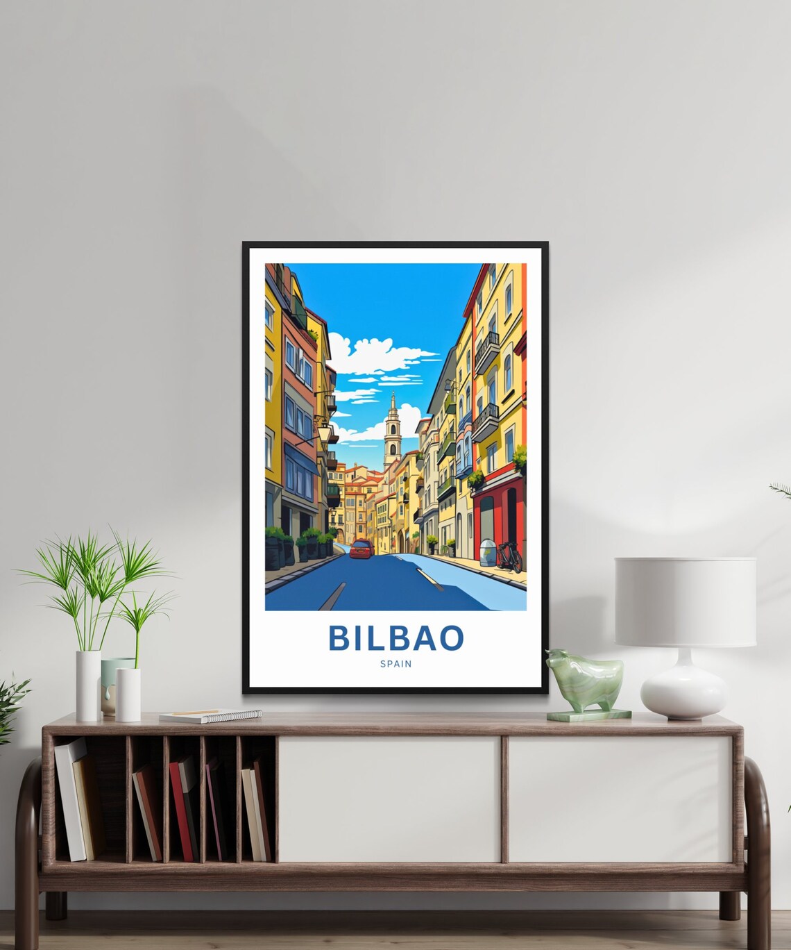 Bilbao Spain Colorful Old Town Street Church Tower Travel Poster - Image 2