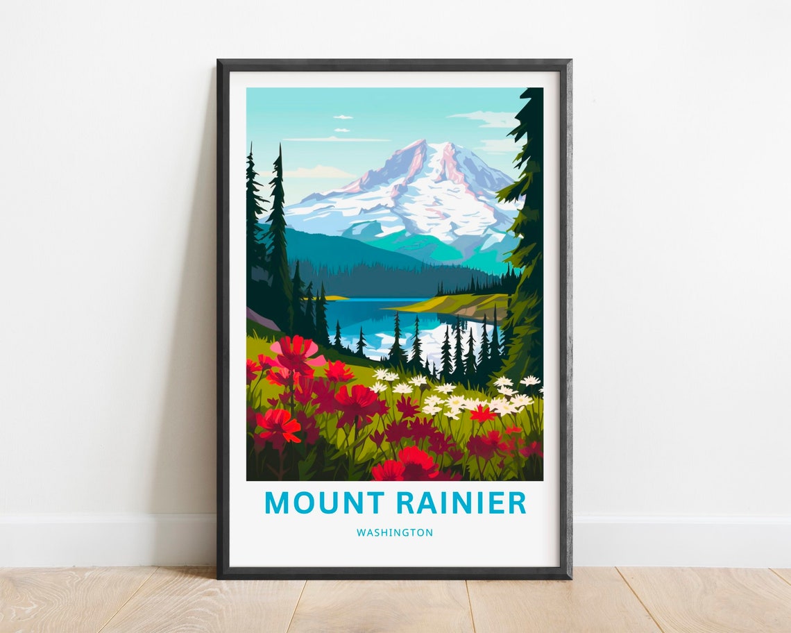Mount Rainier Washington Alpine Lake Wildflower Travel Poster