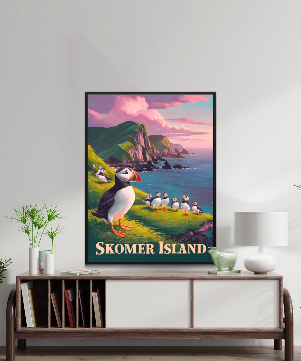 Skomer Island Wales Vintage Puffins on Cliffs at Pink Sunset Poster - Image 3