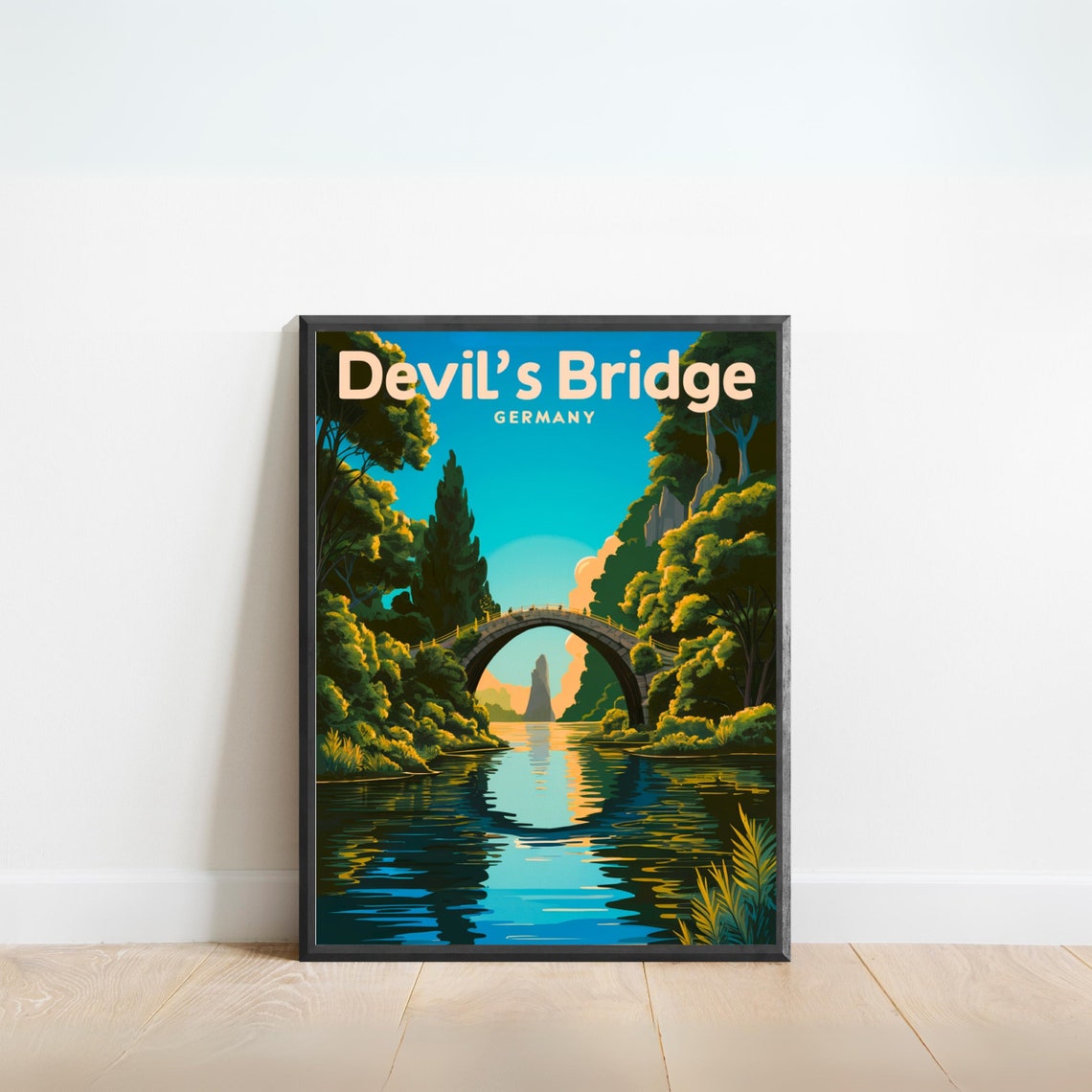 Devils Bridge Germany Stone Arch Sunset Lake Reflection Poster