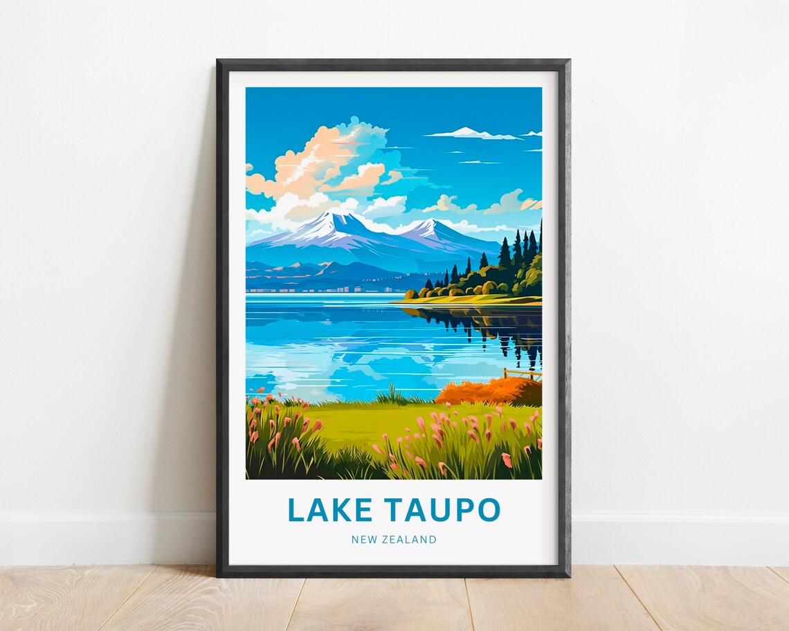 Lake Taupo New Zealand Snowy Volcano Lakeside Scenic Travel Poster