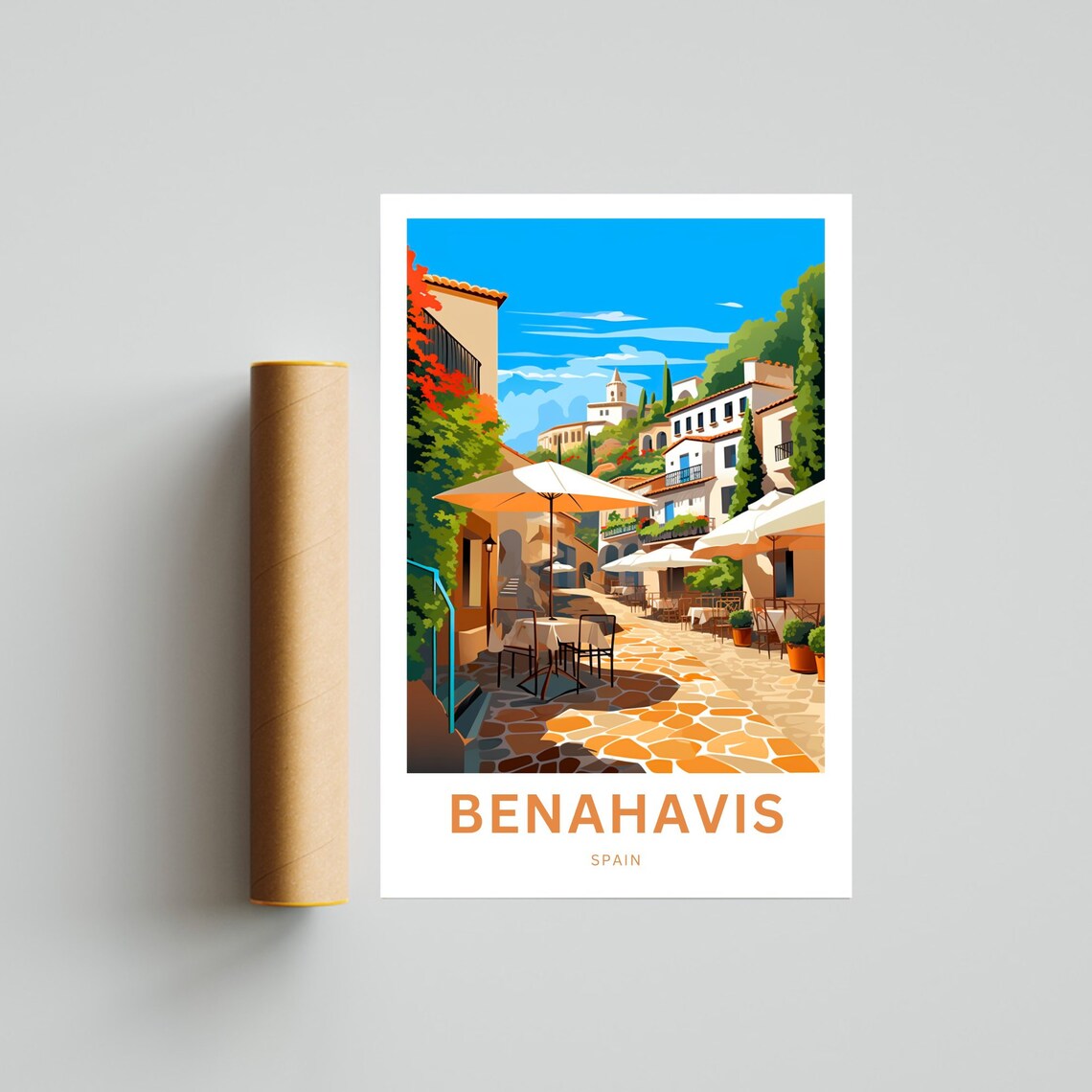 Benahavis Spain Scenic Sunny Village Street Cafe Travel Poster - Image 4