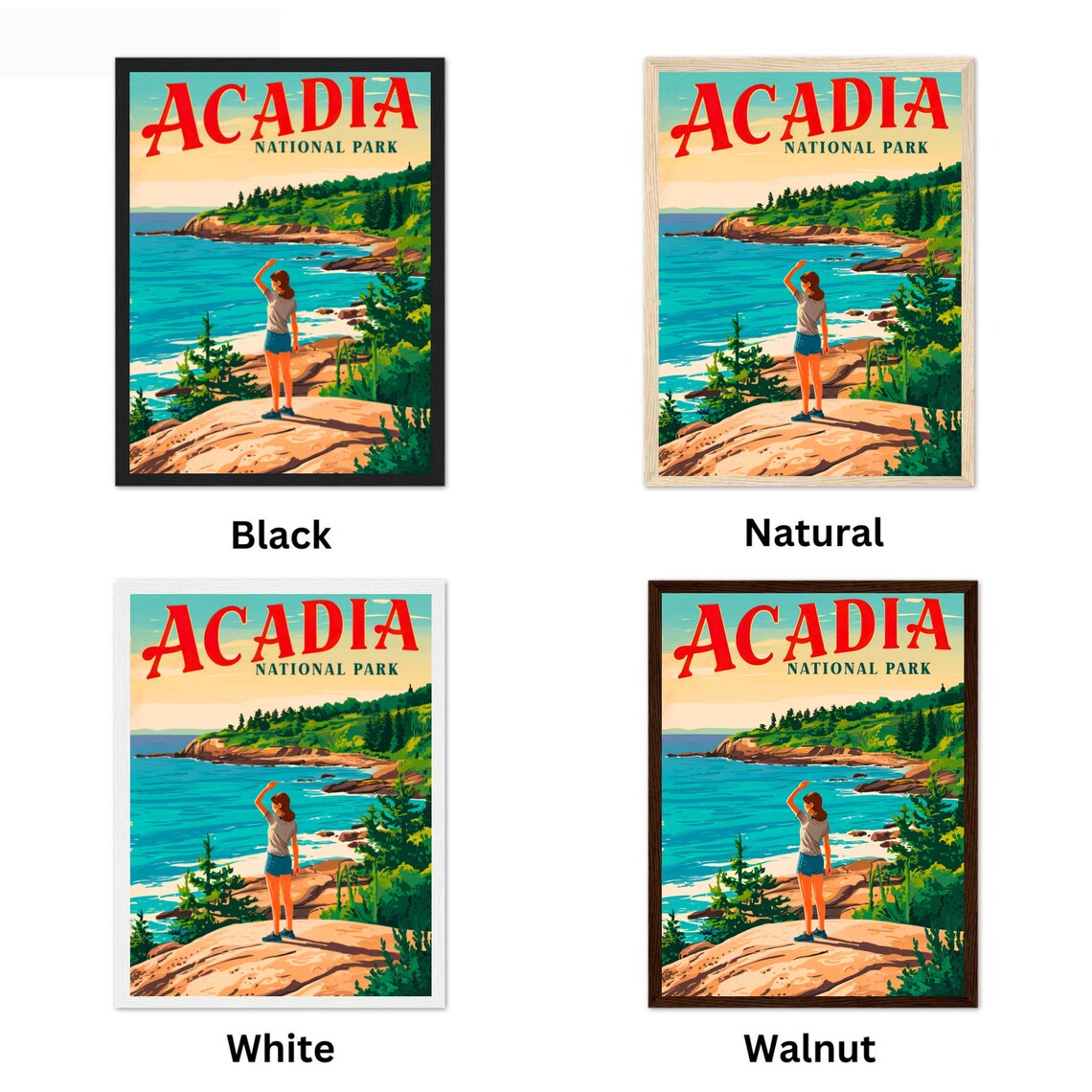 Acadia National Park Maine Rocky Coast Hiker Sunset Travel Poster - Image 4
