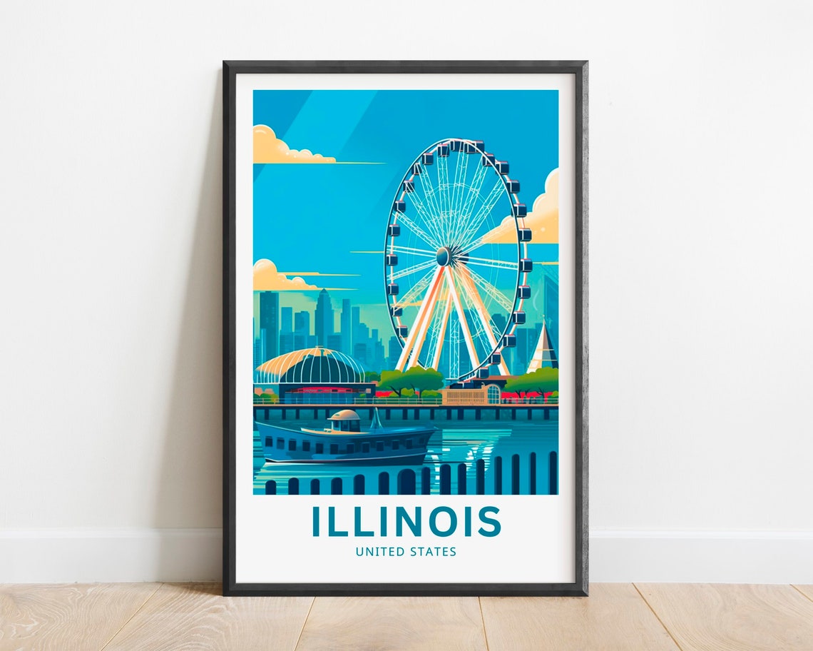 Illinois Chicago Skyline Ferris Wheel Lakefront Vintage Travel Poster