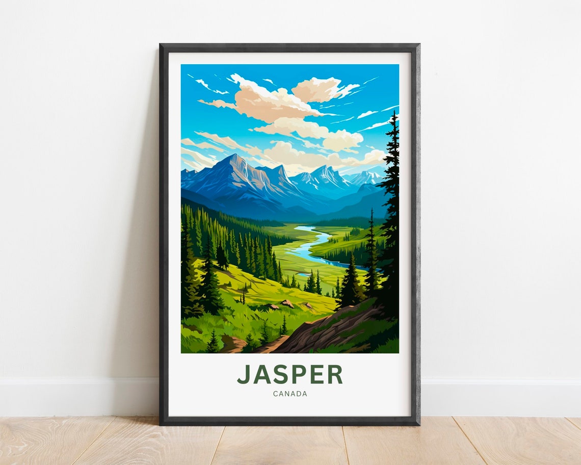 Jasper Canada Mountain Valley Winding River Pine Scene Poster