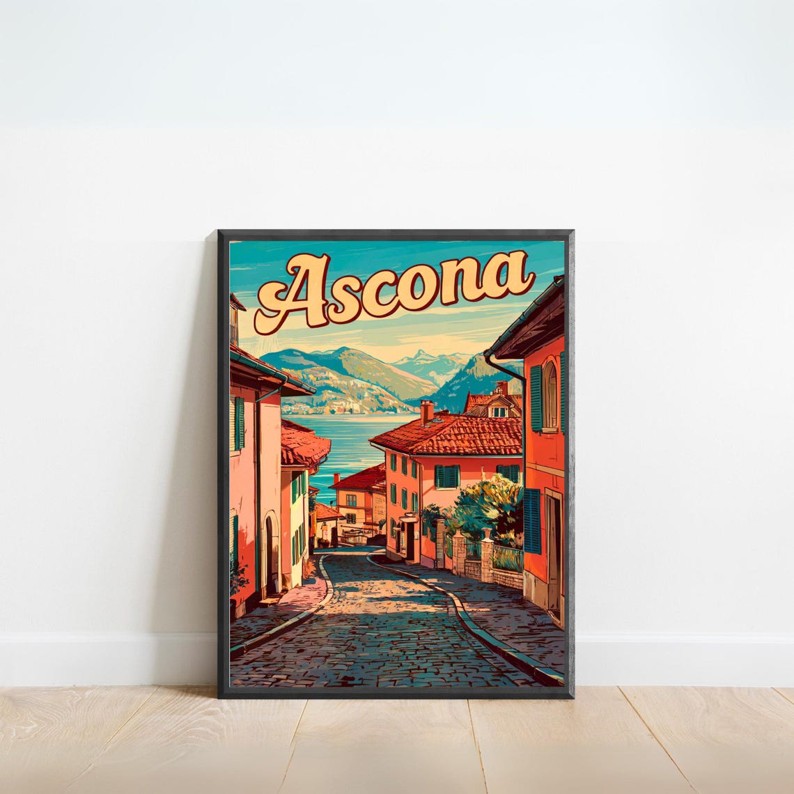Ascona Vintage Travel Poster Retro Script Cobblestone Street Lake View