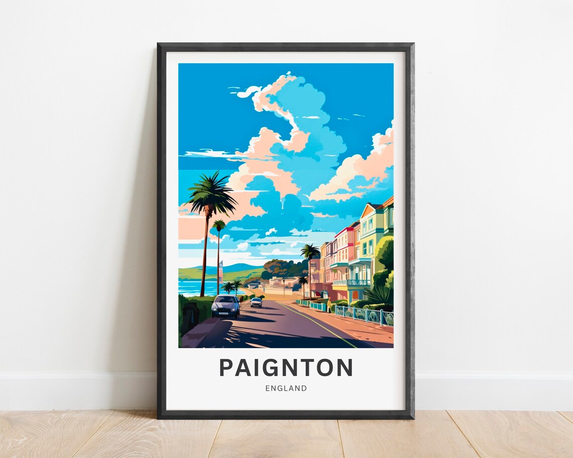 Paignton England Seafront Palms Pastel Terrace Street Poster