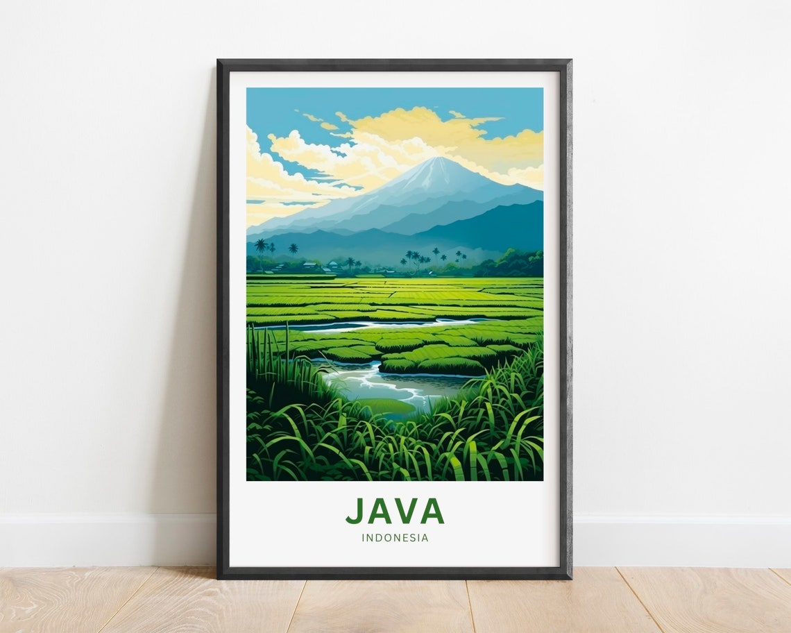 Java Indonesia Rice Paddy Mountain Green Fields Vintage Travel Poster