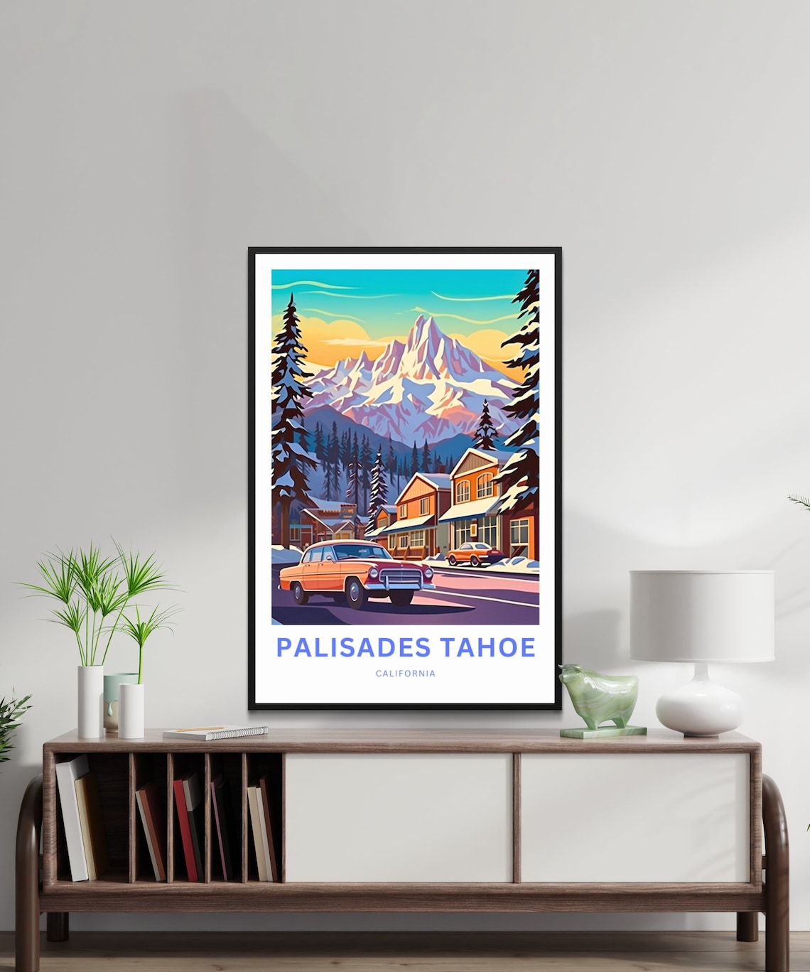 Palisades Tahoe Retro Village Street Classic Car Snowy Ski Poster - Image 2