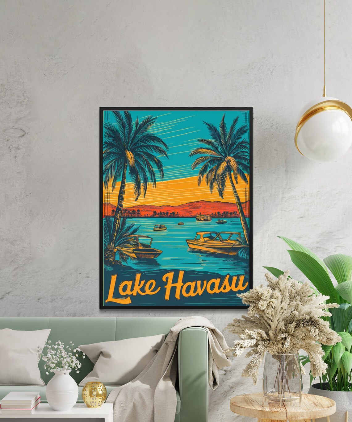 Lake Havasu Sunset Boats Palm Trees Desert Lake Travel Poster - Image 3