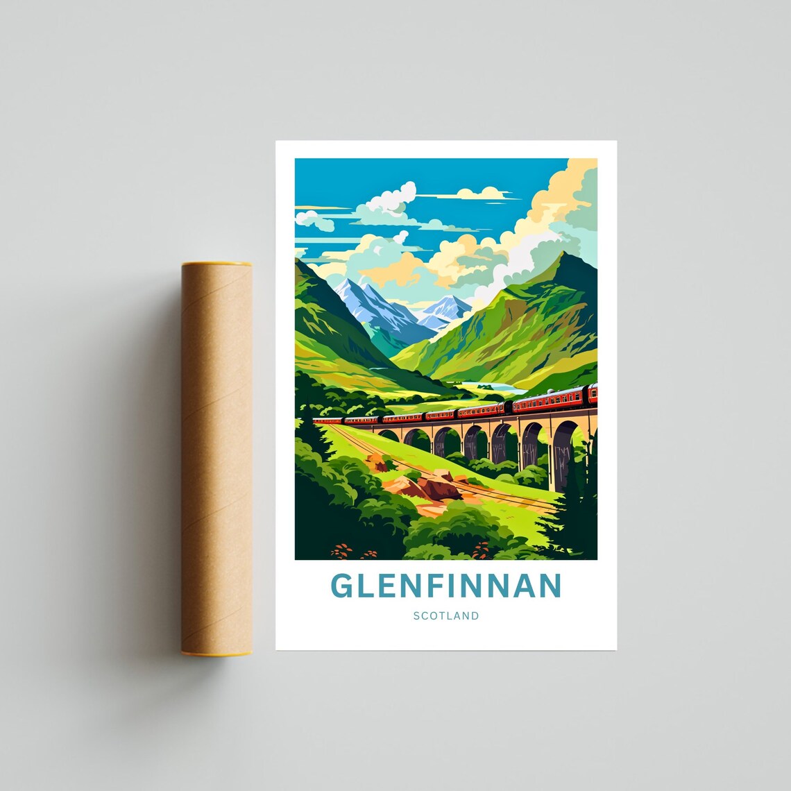 Glenfinnan Scotland Green Highlands Red Train Viaduct Travel Poster - Image 4