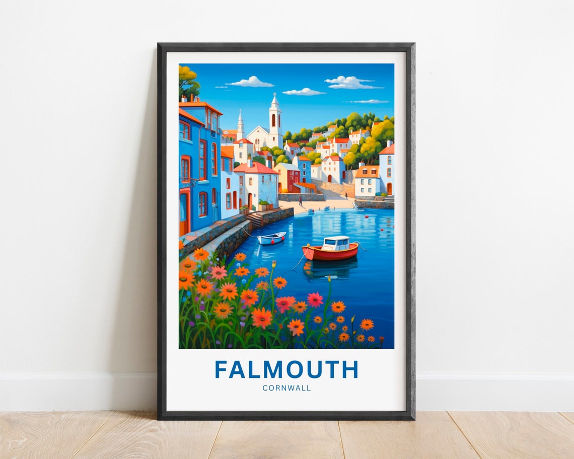 Falmouth Cornwall Harbor Colorful Seaside Town Travel Poster