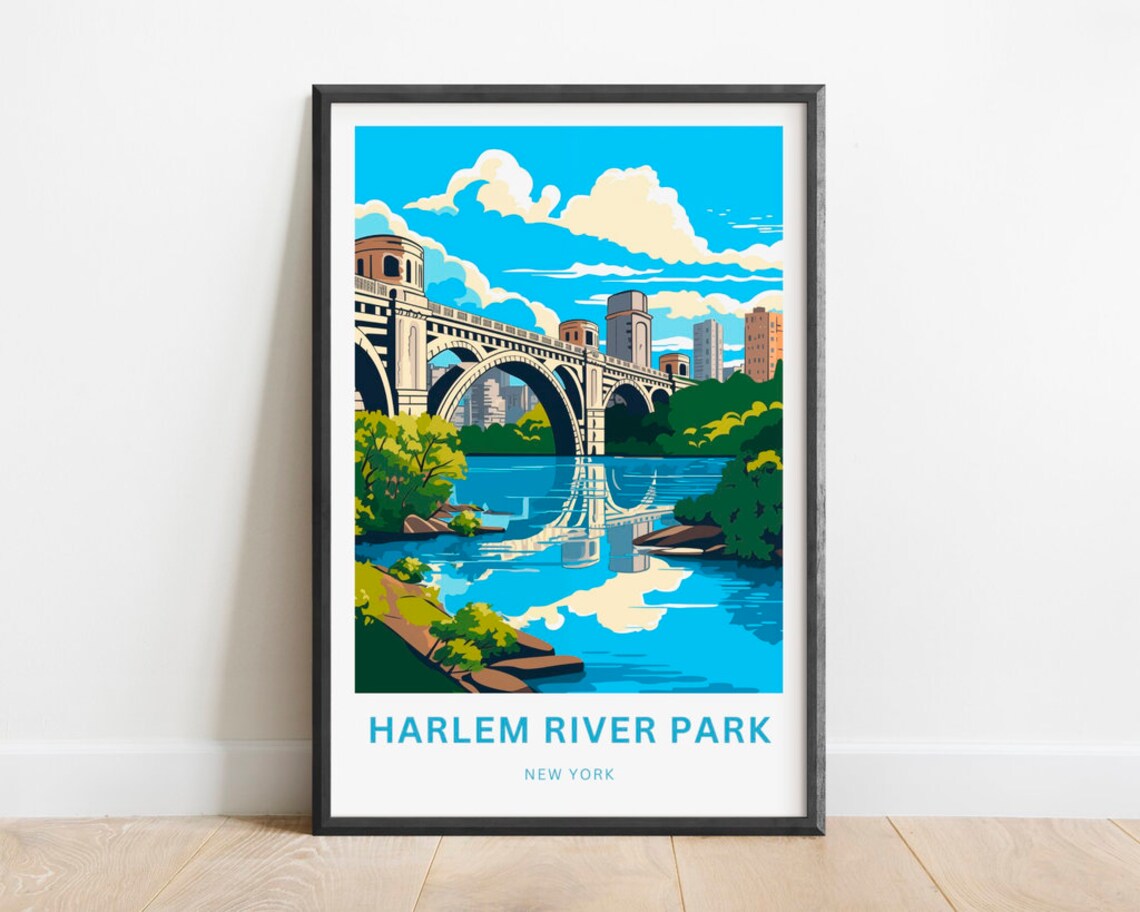 Harlem River Park New York Historic Bridge Retro Travel Poster