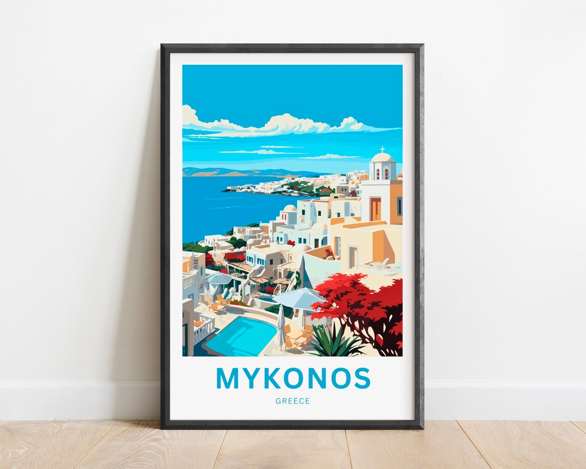 Mykonos Greece Whitewashed Clifftop Town Pool Aegean Sea View Poster